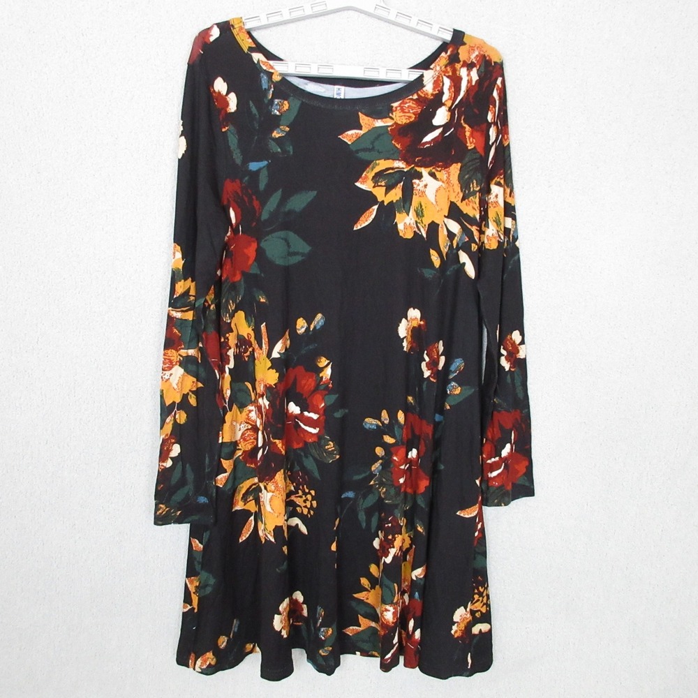 HiMONE XL Floral Print Dress Long Sleeve Casual Fall Tunic Swing Black Red Gold